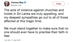 UK’s May condemns “acts of violence against churches and hotels in Sri Lanka”