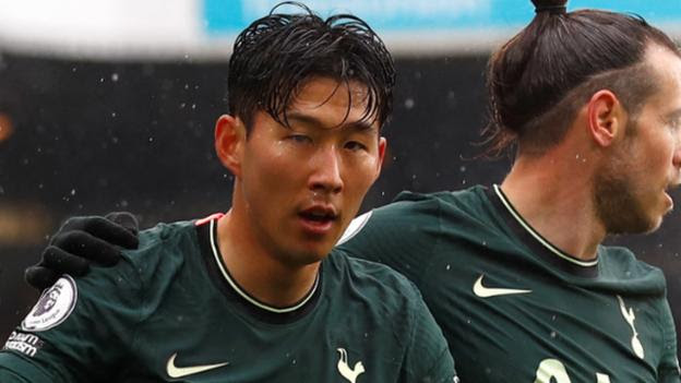 Son Heung-Min reacts after scoring against Leeds United for Tottenham in the Premier League in 2020-21