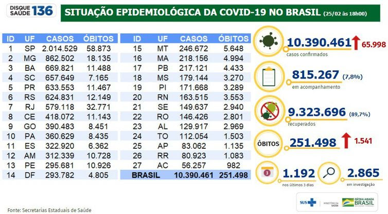 Divulgação/Ministério da Saúde Situação epidemiológica da covid-19 no Brasil
