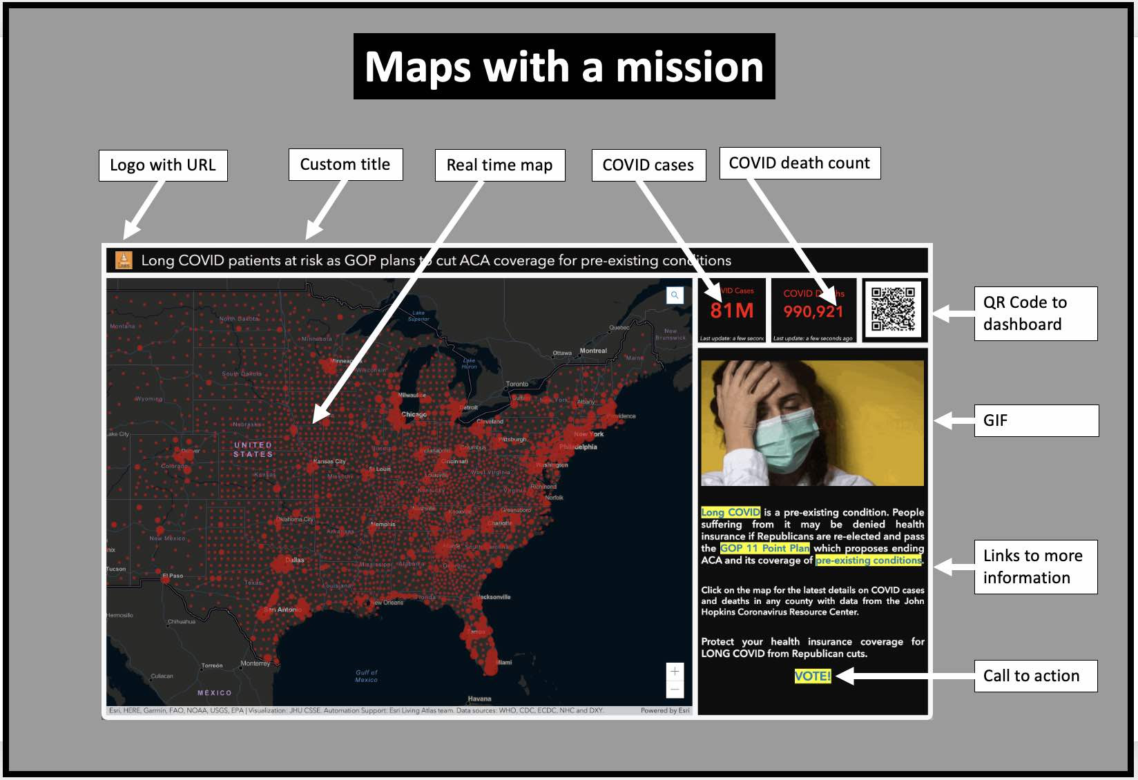 This LONG COVID map combines GIFs with a call to action.