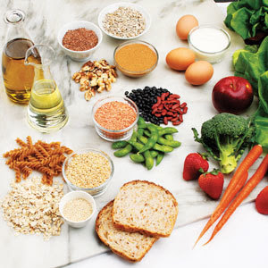 Picture of various vegetables and grains on a table