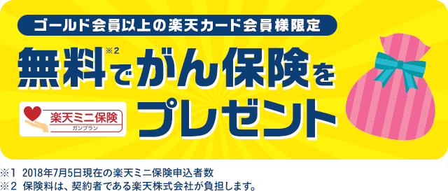 【ゴールド会員以上の楽天カード会員様限定】無料（※2）でがん保険をプレゼント【楽天ミニ保険】※12018年7月5日現在の楽天ミニ保険申込者数※2保険料は、契約者である楽天株式会社が負担します。