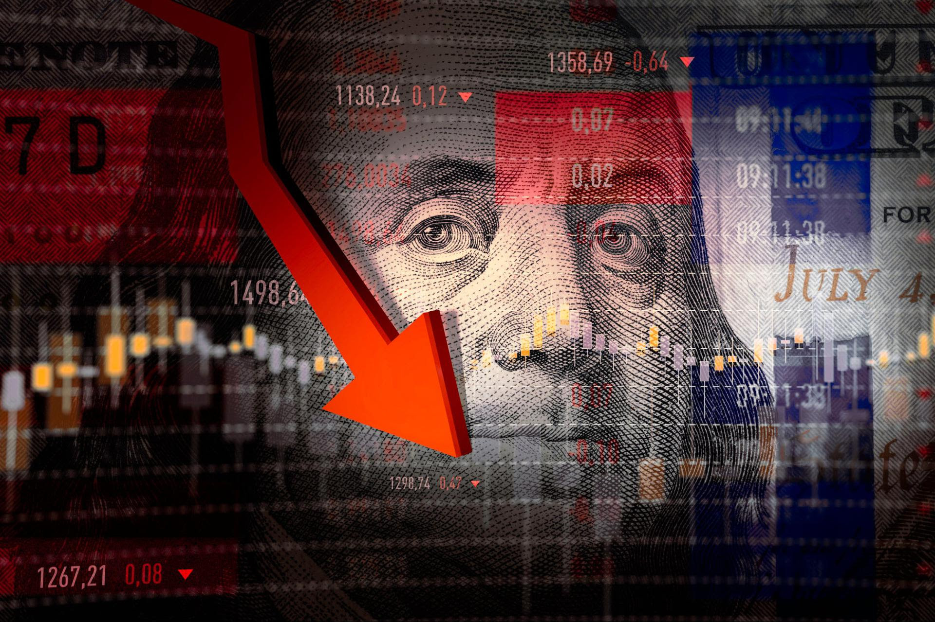 Negative stock charts and graphs overlaid on currency