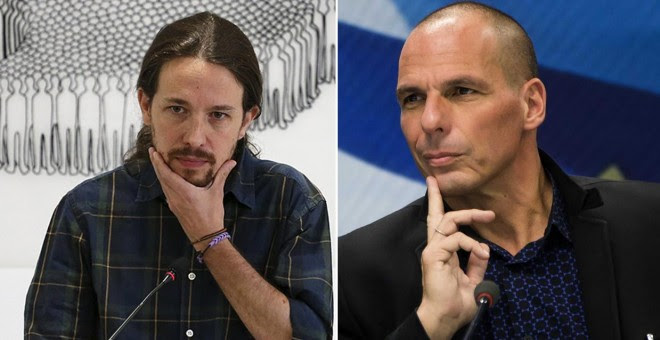El secretario general de Podemos, Pablo Iglesias (izq) y el exministro griego de Finanzas, Yanni Varoufakis.-REUTERS