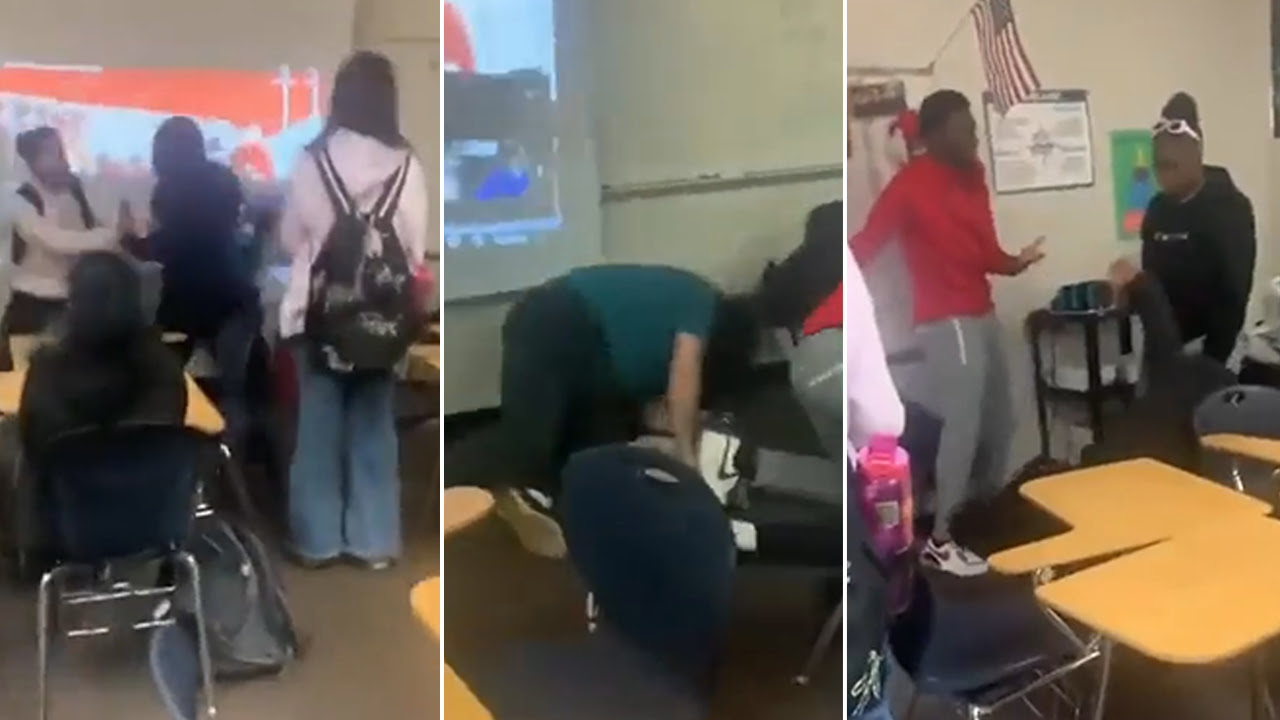 شاهد طالبة تعتدي على معلمتها وتطرحها أرضاً داخل الفصل في مدرسة بأمريكا