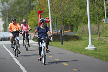 Bicyclists enjoy a sunny afternoon riding along a paved roadway.