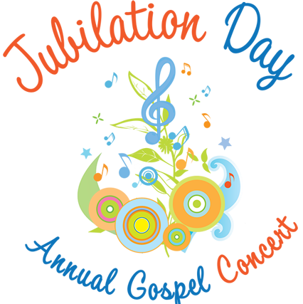 Illustration of whimsical music notes that says Jubilation Day, Annual Gospel Concert