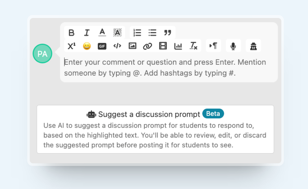 Use AI to suggest a discussion prompt for students to respond to. Perusall New Feature 2023