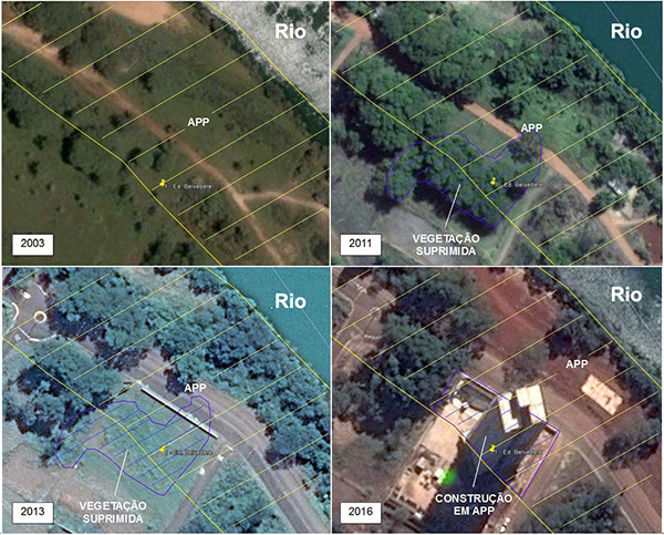 Imagem: Google Earth®: Terreno ocupado pelo Edifício Belvedere e a Área de Preservação Permanente no período de 2003 a 2016