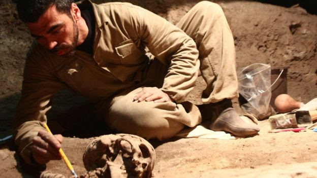 Técnico limpa esqueleto em sítio arqueológico