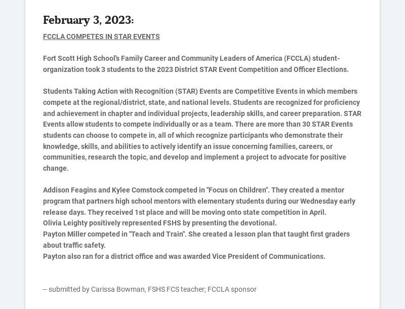 February 3, 2023:
FCCLA COMPETES IN STAR EVENTS
Fort Scott High School's Family Career and...