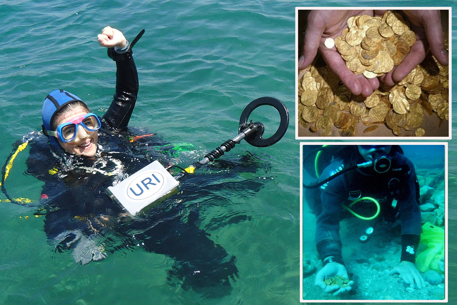 Main photo: Dr. Bridget Buxton of URI with JW Fishers Pulse 8X detector; Bottom inset: Diver with hand full of recovered coins; Top inset: Some of the 2,000 gold coins found off the Israeli coast