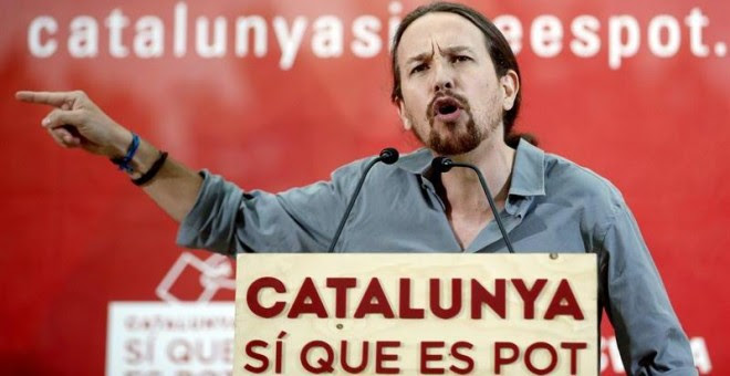 El secretario general de Podemos, Pablo Iglesias, durante su intervención esta tarde en un acto de campaña para el 27S de la candidatura Catalunya sí que es Pot. - EFE