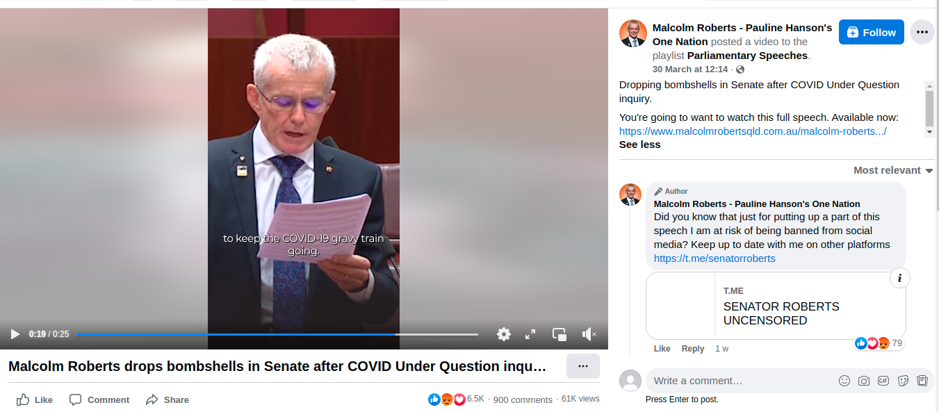 Image of a video post on Facebook of the speech with links in the video description and comment section to the side.