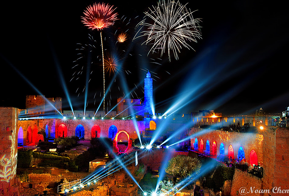 fireworks over the tower of david in jerusalem during Israel's independence day