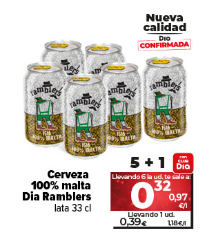 Cerveza 100% malta Dia Ramblers lata de 33cl ahora 5+1 con CLUBDia. Llevando 6 la unidad te sale a 0,32€ a 0,97€/l. Llevando 1 unidad te sale a 0,39€ a 1,18€/l