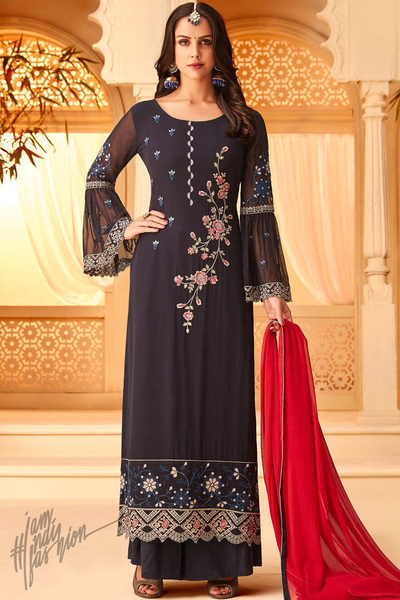 Ink Blue and Red Georgette Party Wear Palazzo Suit