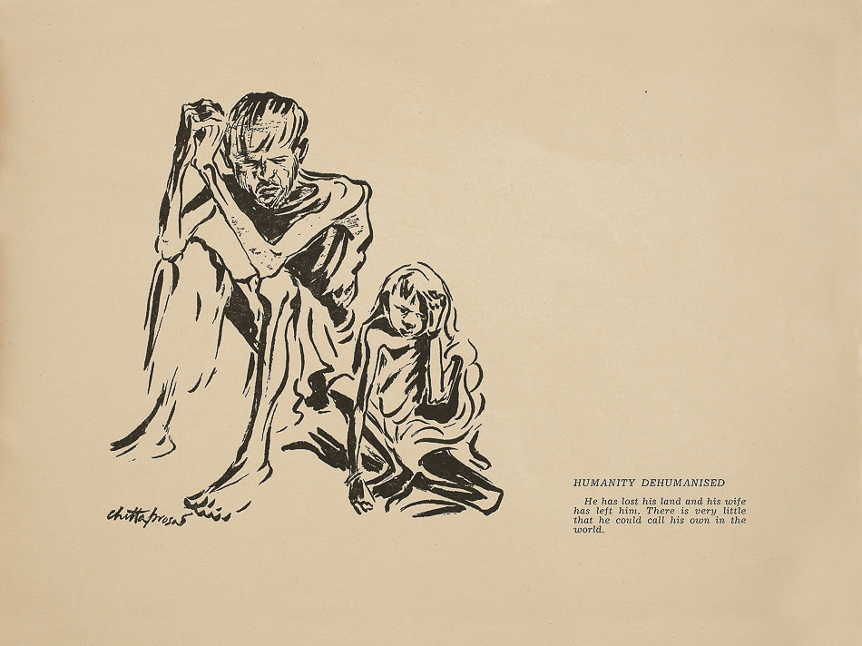 Caption: A page from Hungry Bengal (1945) by Chittaprosad. Copies of the book were seized and burnt by the British; this drawing is from the only surviving copy (reprinted in facsimile by DAG Modern, New Delhi, 2011). Chittaprosad's drawings on the Bengal Famine were published in the Communist Party of India's journal People's War, helping to intensify popular anger against the British colonial regime.