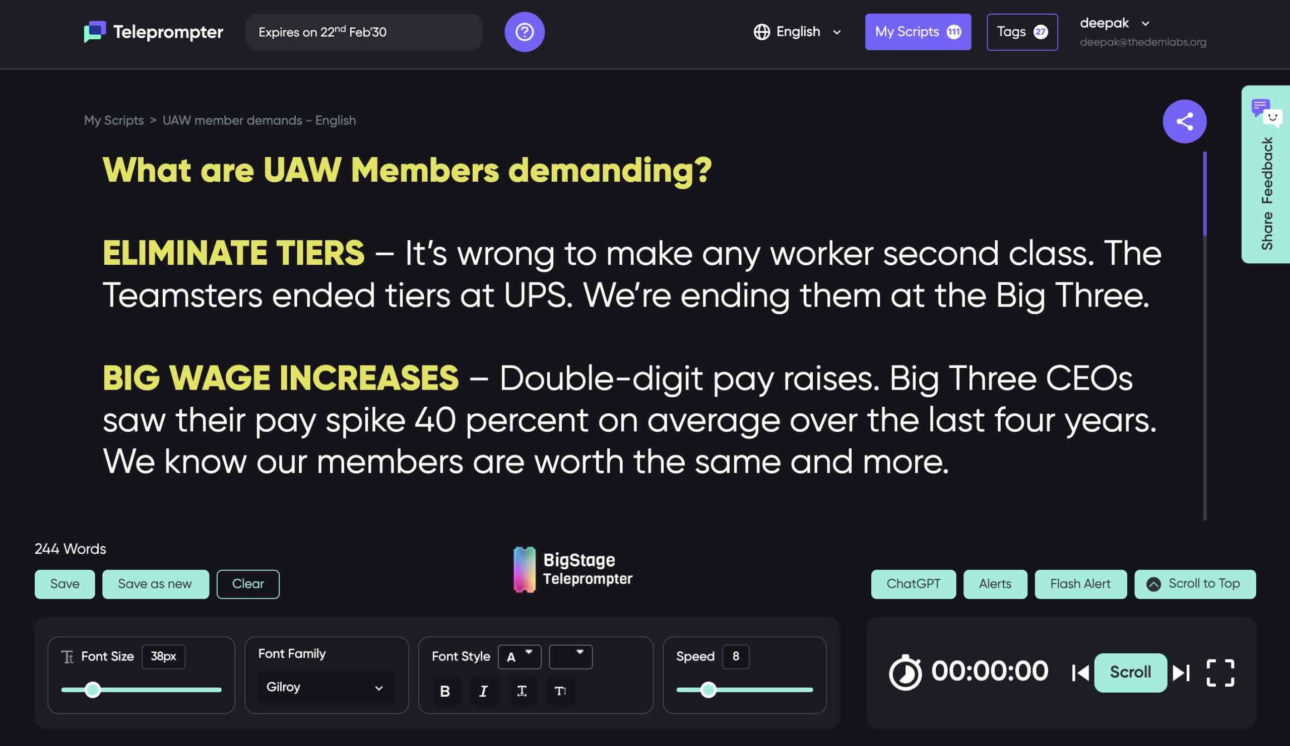 Use the BigStage Teleprompter to keep your team on the same talking points.