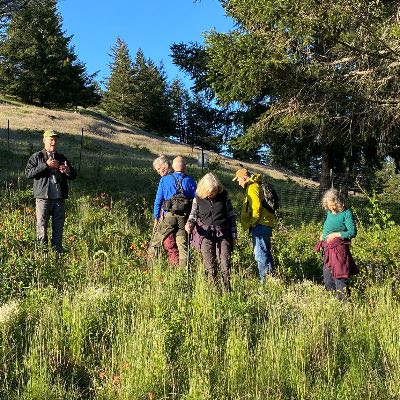 Five people on a hillside looking at native wildflowers