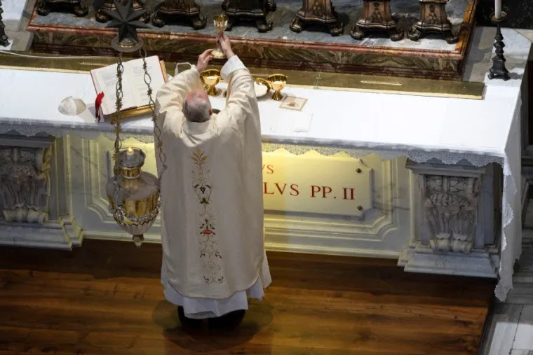 Pope Francis celebrates Mass at the tomb of St. John Paul II in St. Peters Basilica May 18, 2020. Credit: Vatican Media