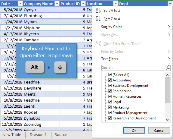 Shortcut to Open Filter Drop Down Menu in Excel Tables