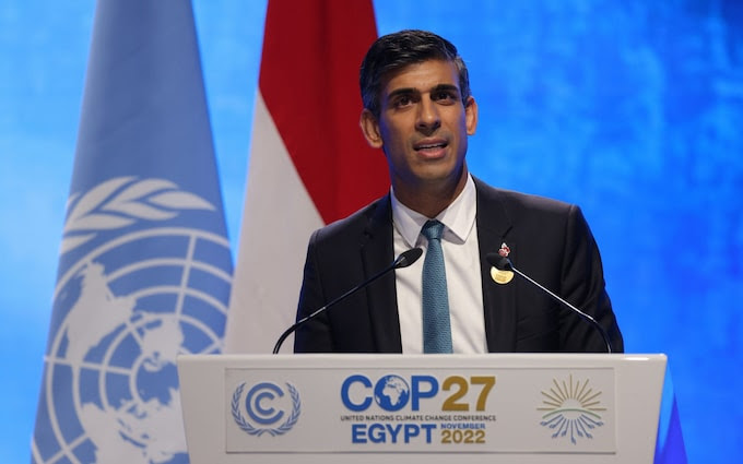 Rishi Sunak, pictured speaking at Cop27 on Monday, is set to agree a new energy partnership with the US