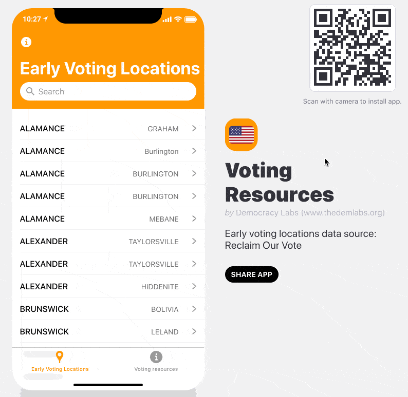 Free app show early voting locations in North Carolina along with other helpful  info for voters.