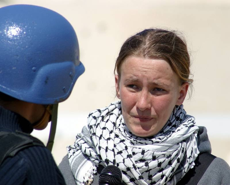 American peace activist Rachel Corrie speaks during an interview in March 2003 in the Rafah refugee camp in the Gaza Strip. Getty
