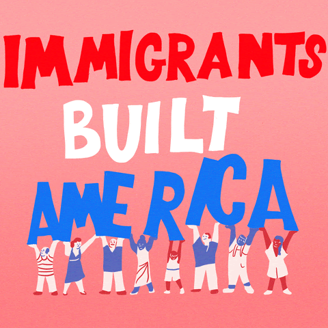 Image with the words "immigrants built America". There are people holding up the word "America"