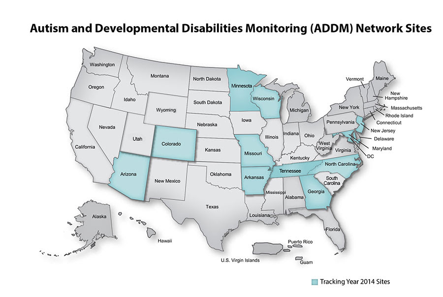 Map showing Autism and Developmental Disabilities Monitoring (ADDM) Network Tracking Year 2014 sites: Arizona, Arkansas, Colorado, Georgia, Maryland, Minnesota, Missouri, New Jersey, North Carolina, Tennessee, Wisconsin