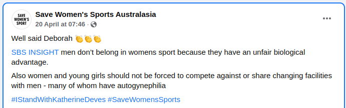 Screenshot of a Facebook post by Save Women&rsquo;s Sports Australasia from 20 April with that shares a video from SBS&rsquo;s Insights program with an interview with Deborah Acason.