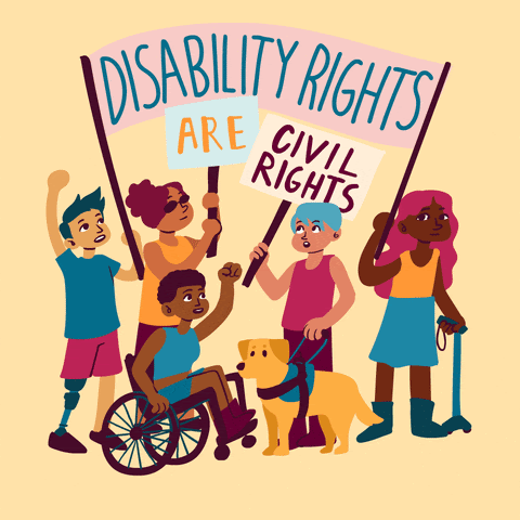 Image of people protesting with words that say "disability rights are civil rights"