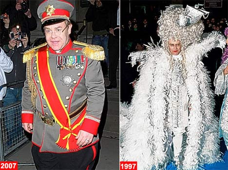Captain Fantastic - Elton joins the Russian army for his 60th birthday party. RIGHT: His flamboyant, feathery 50th birthday extravaganza