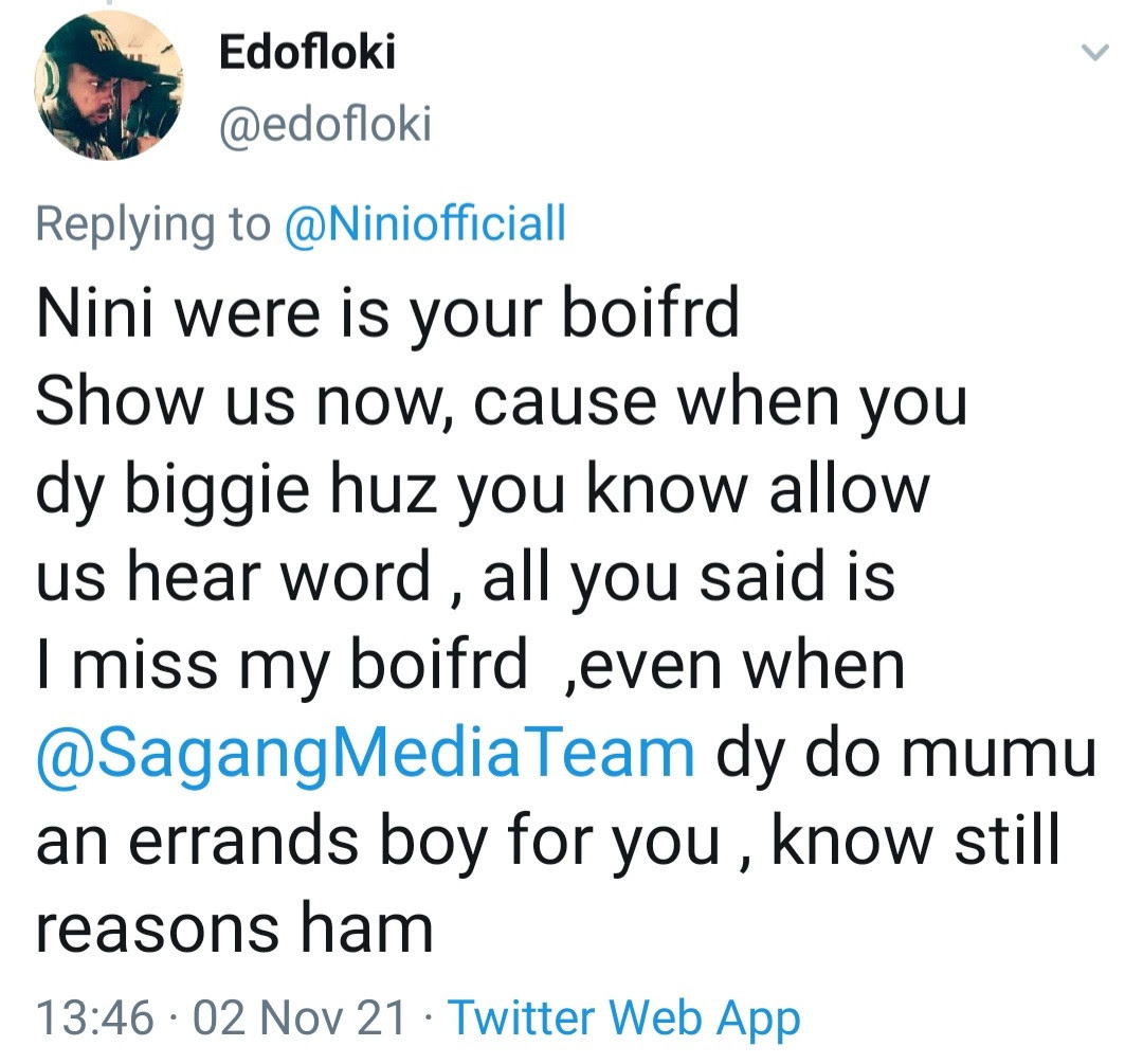 Nini responds to Twitter user asking to see the boyfriend she kept mentioning in the Big Brither Naija house