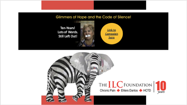 An elephant with stripes, a woman with tape over her mouth. Text: Glimmers of Hope and Code of Silence