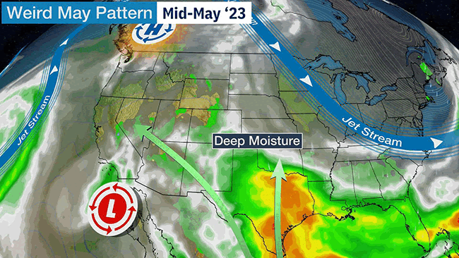 The “fake monsoon” weather pattern in May compared to the forecast pattern this week in the Southwest U.S.