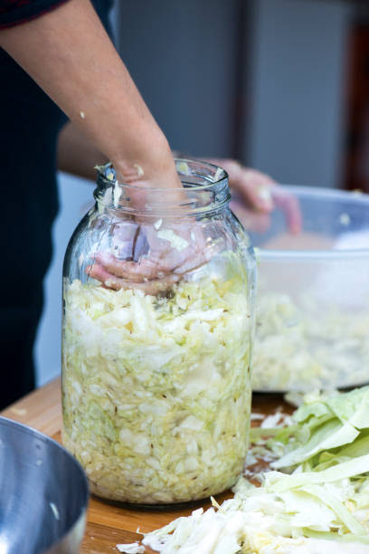 sauerkraut Woman making home fermented sauerkraut. homemade sauerkraut stock pictures, royalty-free photos & images