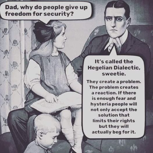 May be an image of one or more people and text that says 'Dad, why do people give up freedom for security? ?? It's called the Hegelian Dialectic, sweetie. They create a problem. The problem creates a reaction. If there is enough fear and hysteria people will not only accept the solution that limits their rights but they will actually beg forit.'