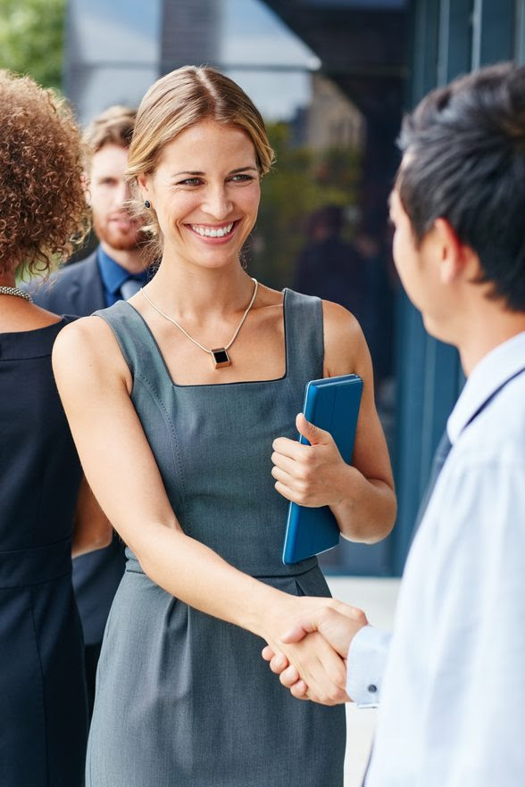 business woman shaking hands with businessman