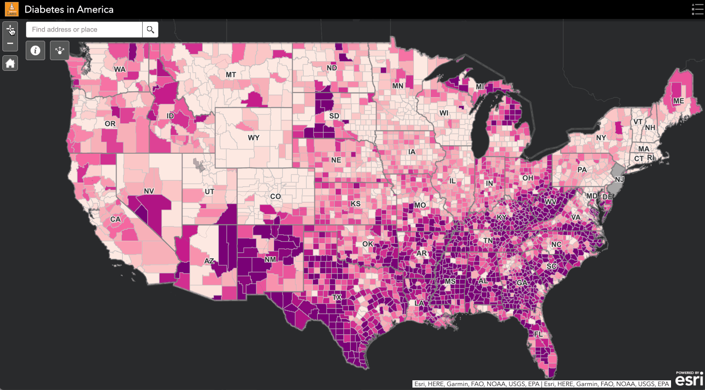 See the number of people with diabetes per county, the number of people without health insurance and the Senators supposed to be representing the people living there.