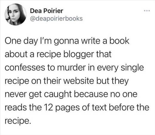 tweet pairier write book recipe blogger website murder 12 pages text