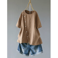 Button Cotton Irregular Hem Blouse