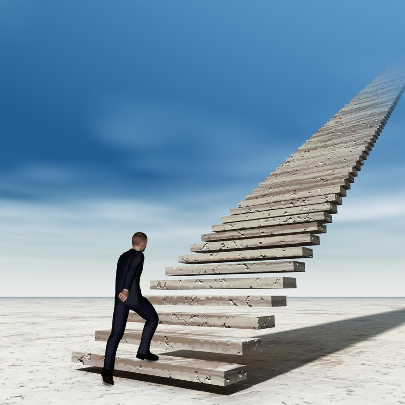Concept conceptual 3D business man walking or climbing stair on sky background with clouds, metaphor to success, career, work, job, achievement, development, growth, progress, vision, future or faith