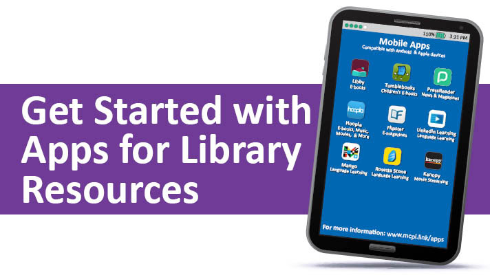 A white background with a purple transparent banner with a tablet with apps on the right, and white text on the left that reads Get Started with Apps for Library Resources
