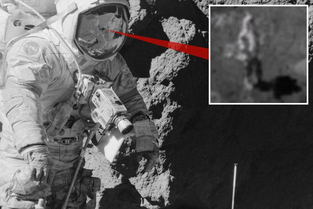 The Apollo 17 moon landing isn't safe from conspiracy theorists, as one claims a strange figure appears in an astronaut's visor.