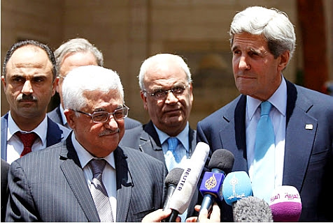 Acting Leader of the Palestinian Authority, Mahmoud Abbas (front left) and U.S. Secretary of State John Kerry (R) in Ramallah, June, 2013