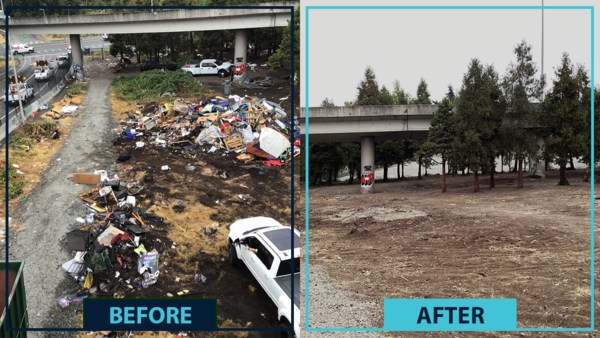 Pictures show a dangerous roadside encampment from which people were transitioned into supportive shelter.