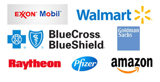 Exxon Mobil, Pfizer, Walmart, BlueCross BlueShield, Goldman Sachs, Raytheon, Amazon