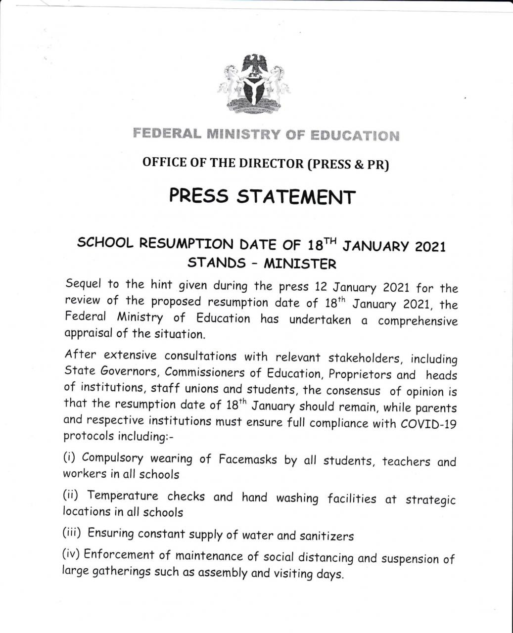 January 18 resumption date for schools stands- FG